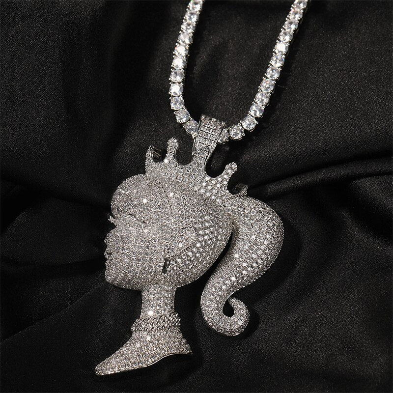Hip Hop Bling Barbie Princess Pendant Necklace With Crystal Tennis Chain For Men Women Charm Rapper Jewelry Dropshipping