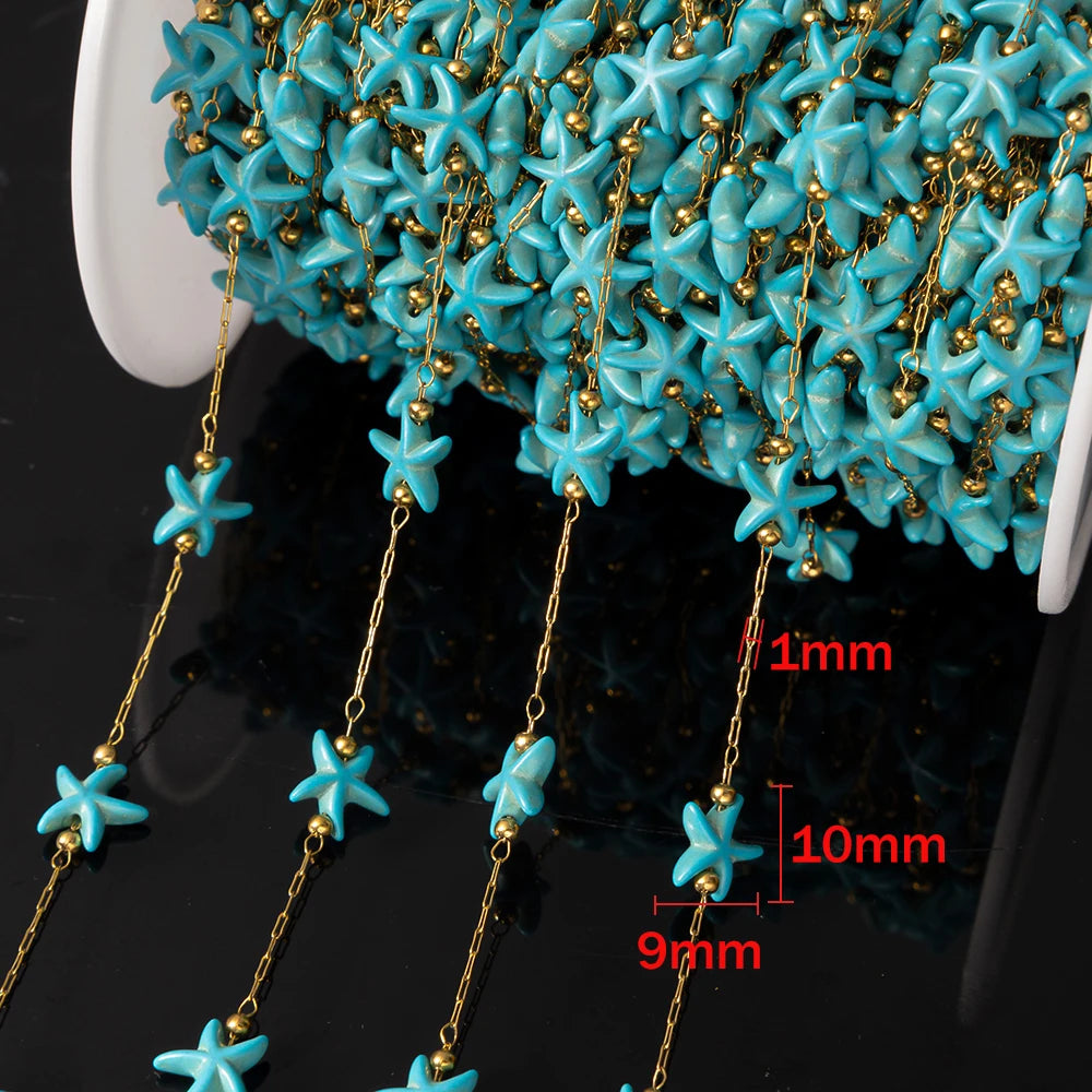 1M Gold Stainless Steels Beach White Natural Stone Starfish Charm Chain Boho Bracelet Neckalce Holiday Jewelry Making Component