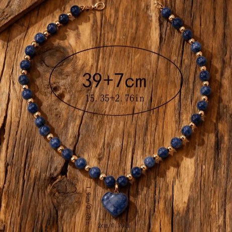 Bohemia Vintage Beaded Necklace for Women Natural Stone Heart Pendant Necklace Gold Color Spacer Beads Boho Handmade Jewelry - Charlie Dolly