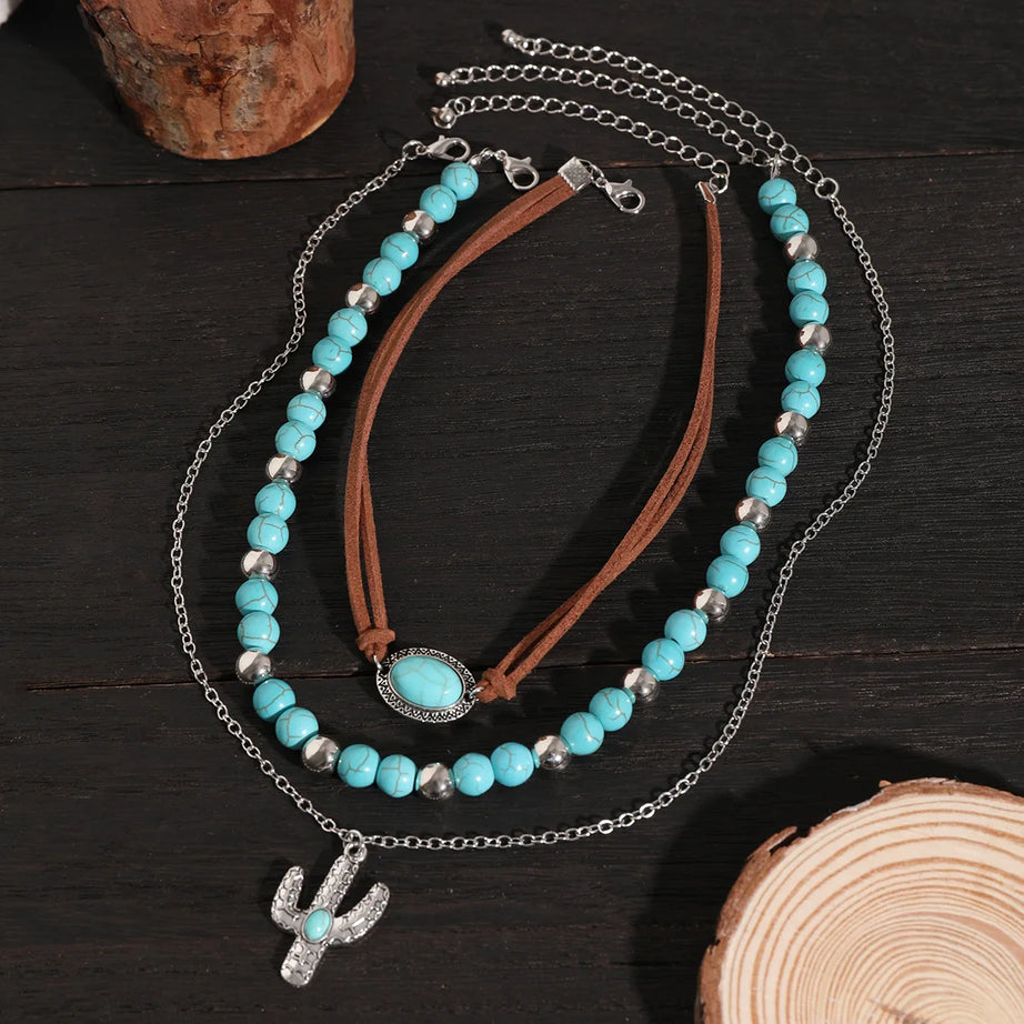 Cactus Pendant Turquoise Bead Layered Necklace Jewelry