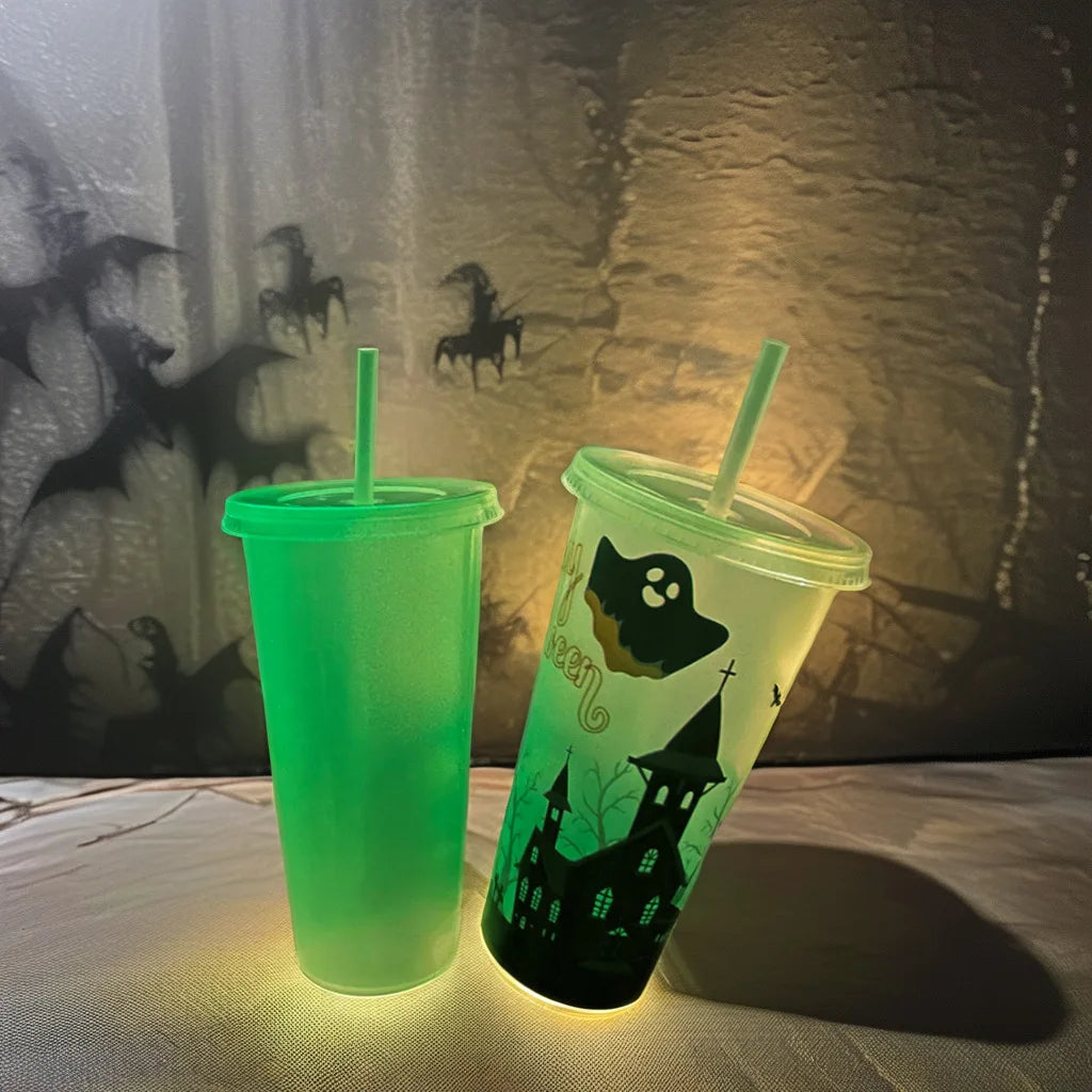 1PC 720ml Halloween Print Plastic Luminous Straw Cup Juice Milk Tea Coffee Cups for Party Supplies Funny Straw Cup Kitchen Drink - Charlie Dolly