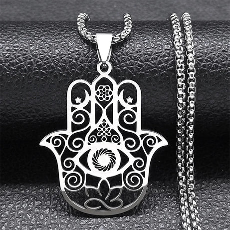 Flower of Life & Hamsa Hand Pendant, Om Lotus Eye Sacred Talisman Necklace