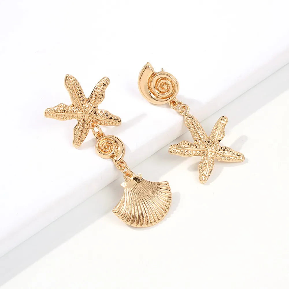 Boho Fashion Asymmetric Starfish Shell Pendant Earrings For Women Trendy Metal Star Earrings Beach Vacation Party Jewelry Gifts