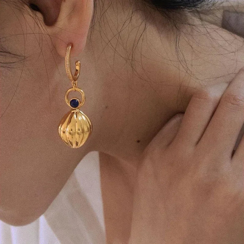 Nutmeg series original design retro artistic lapis lazuli earings long Ancient gold crafts glossy earrings for women jewelry