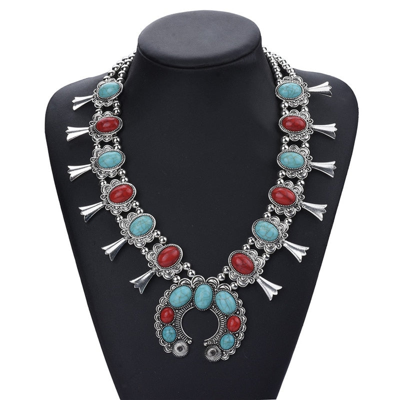 Red and Turquoise Stone Squash Blossom Flower Bib Necklace Turquoise and Silvertone Beaded Squash Blossom Choker Boho CRYSTAL