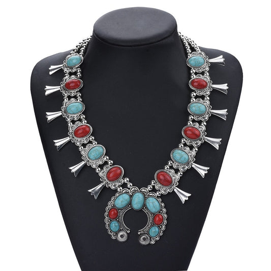 Red and Turquoise Stone Squash Blossom Flower Bib Necklace Turquoise and Silvertone Beaded Squash Blossom Choker Boho CRYSTAL - Charlie Dolly