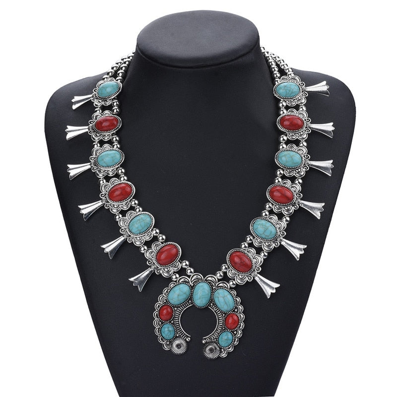 Red and Turquoise Stone Squash Blossom Flower Bib Necklace Turquoise and Silvertone Beaded Squash Blossom Choker Boho CRYSTAL - Charlie Dolly