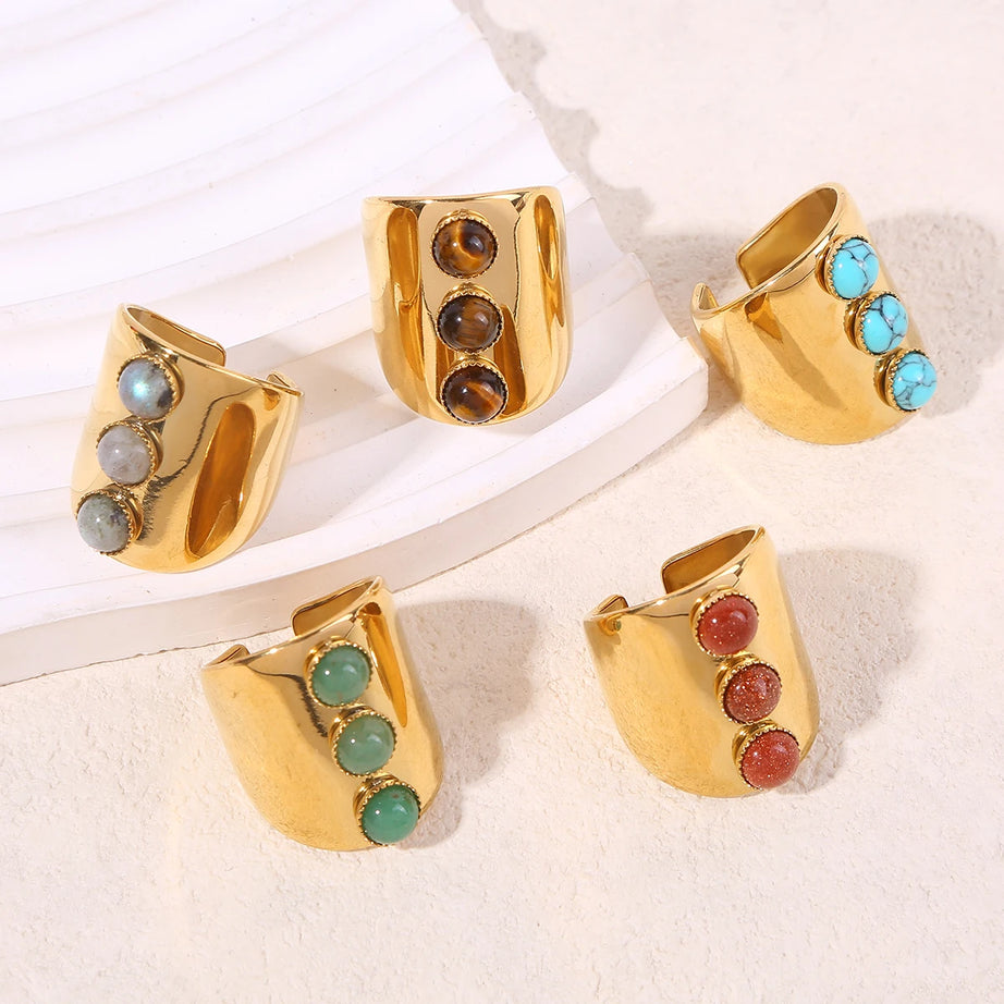 Vintage Wide Three Natural Stone Rings For Women Girls Retro Open Boho Bohemian Stainless Steel Ring Wedding Engagement Jewelry - Charlie Dolly
