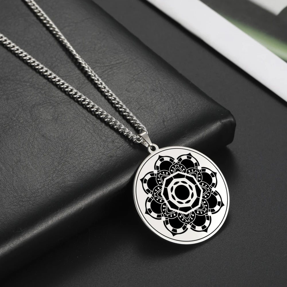 LIKGREAT Lotus Flower Chakra Mandala Pendant Necklace Stainless Steel Women Men Buddhism Hinduism Meditation Spiritual Jewelry