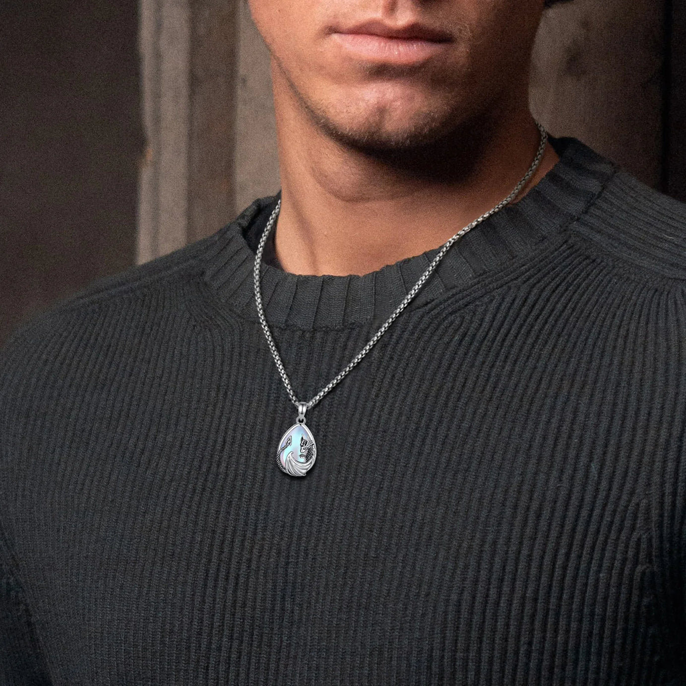 Moonstone Dragon Crescent Pendant Necklace, Celestial Guardian Amulet