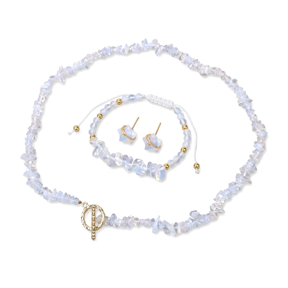Natural Stone Lapis Lazuli Jewelry Set Quartzs Chip Beads Necklace Braided Bracelets For Women Star Shape Ear Studs Earrings