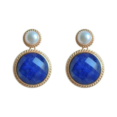 Vintage Style Exquisite Pearl Round Lapis Lazuli Earrings for Women Silver Inlaid Classic Blue Stud Earings Jewelry Gift - Charlie Dolly