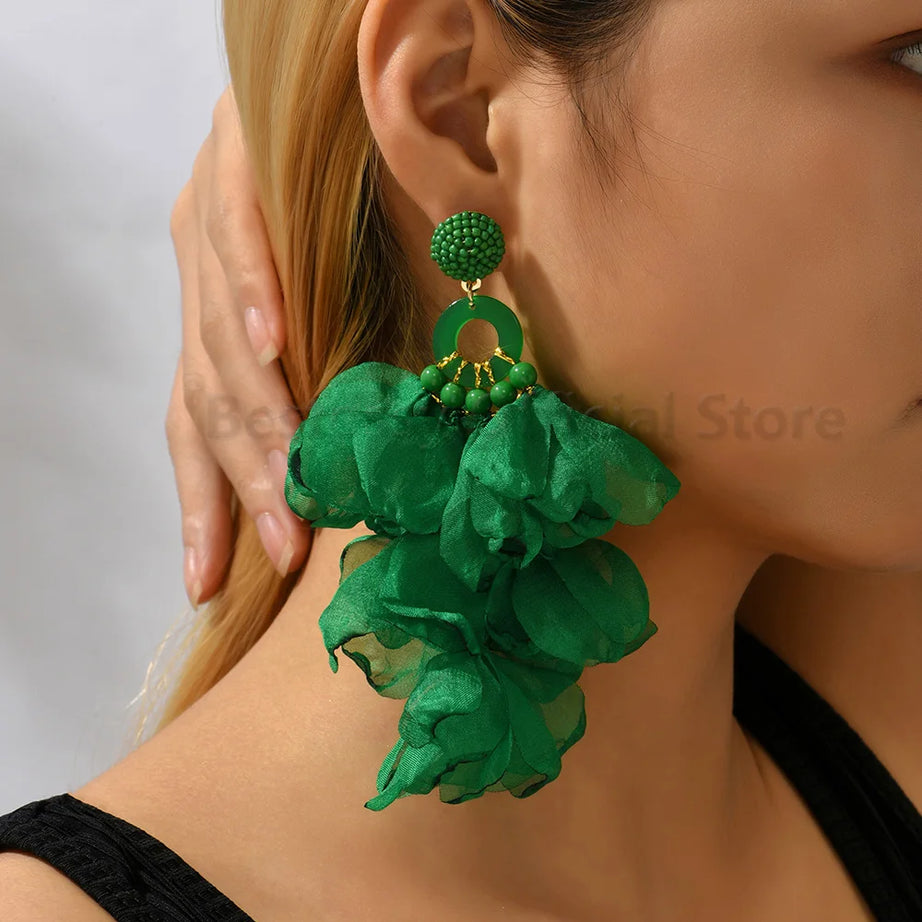 Acrylic Bead Yarn Petal Long Dangle Earrings Jewelry