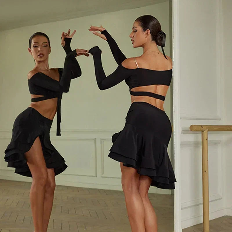 Sexy Off Shoulder Latin Top Ruffled Skirts Latin Dance Costume Stage Performance Clothes Samba Tango Dance Wear Set for Women - Charlie Dolly