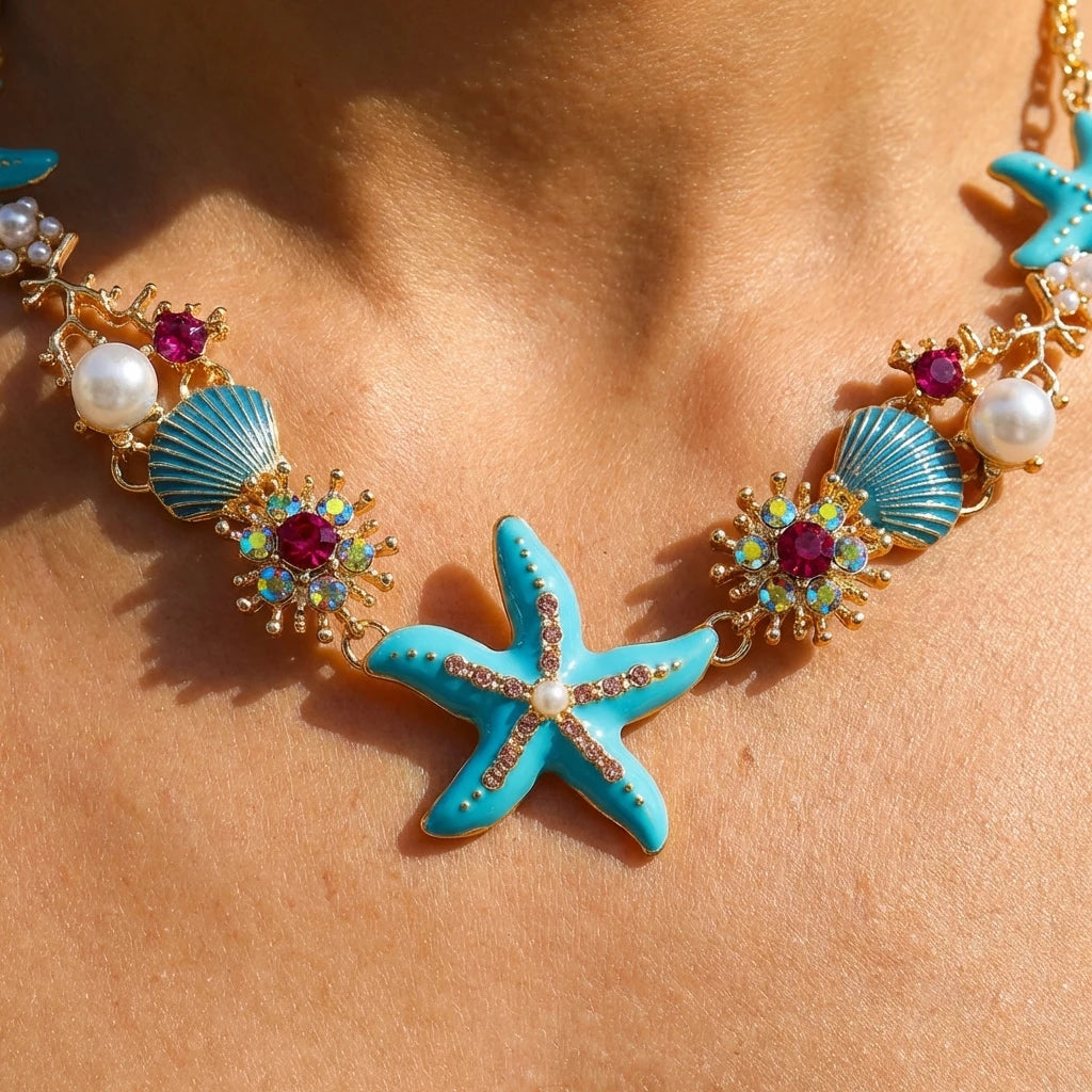 Boho Starfish Shell Pearl Metal Chain Necklace For Women Colorful Crystal Zircon Clavicle Choker Beach Party Vacation Jewelry