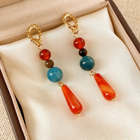 Retro Jade Water Drop Tassel Earrings, Chinese Style Natural Stone Boho Jewelry