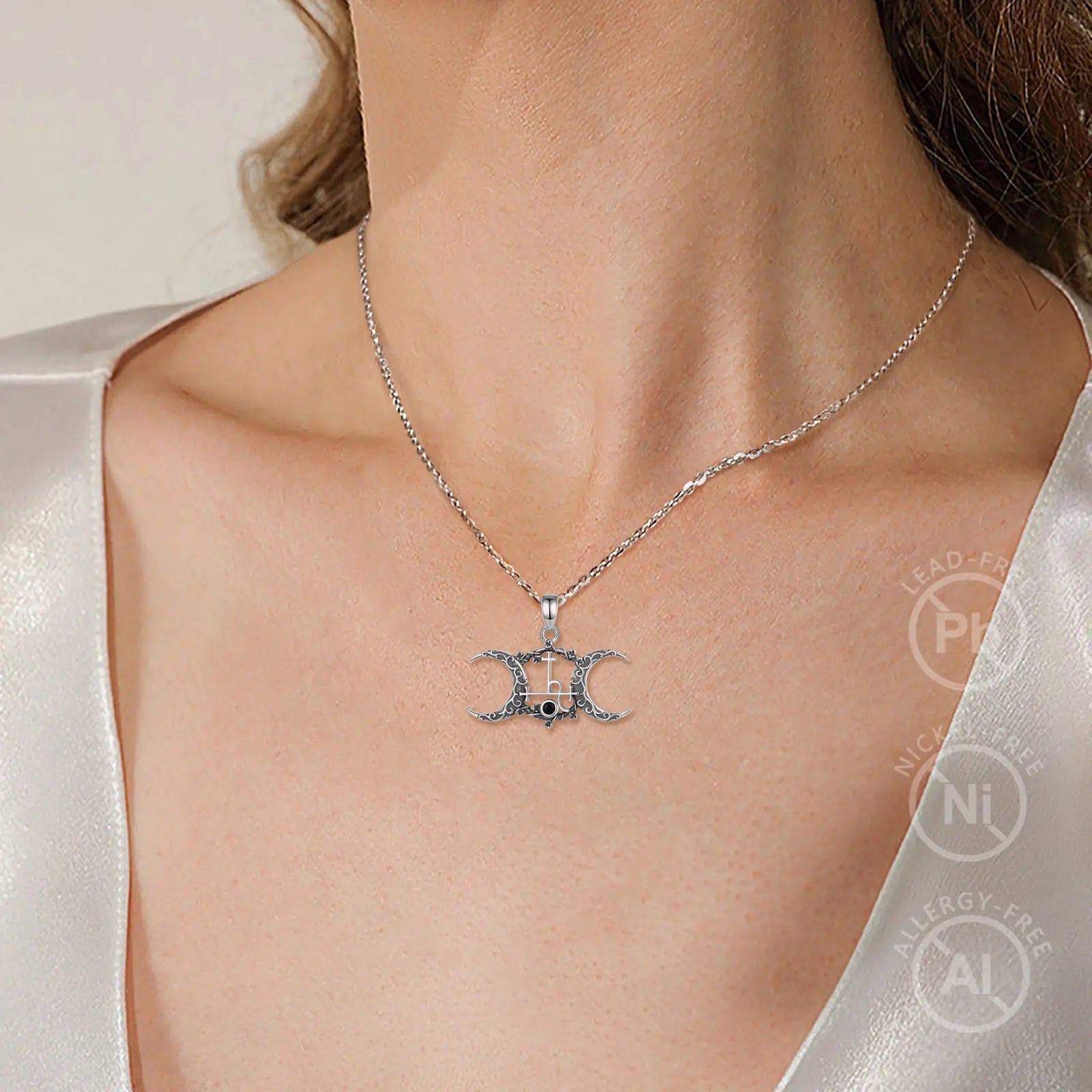 Eudora 925 Sterling Silver Lilith Sigil Necklace Vintage Triple Moon Goddess Amulet Pendant Personality Jewelry Party Gift