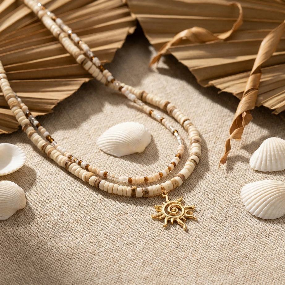 Sun Pendant Heishi Wood Bead Choker Necklace Jewelry
