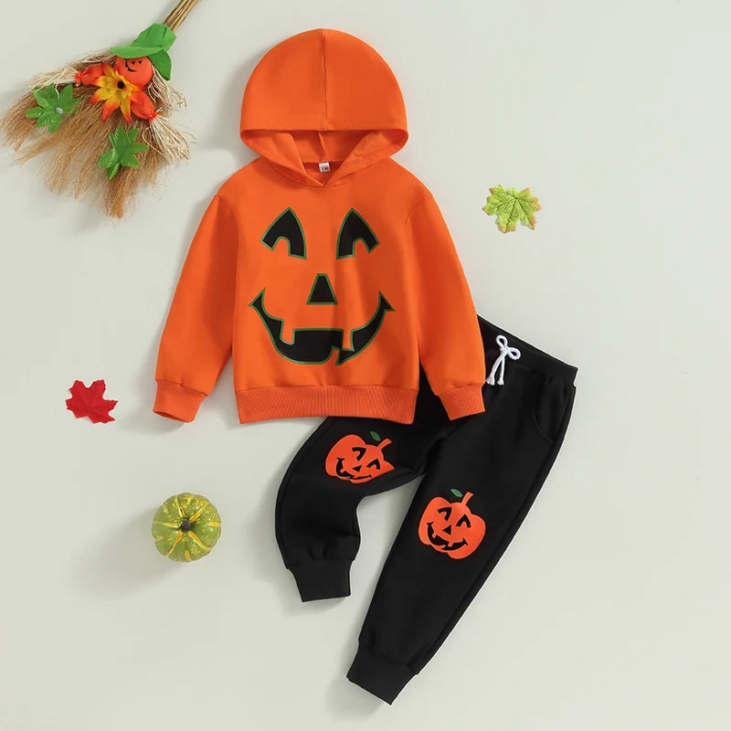 Citgeett Autumn Halloween Kids Boys Girls Outfit Pumpkin Print Long Sleeve Hooded Sweatshirt Pants Fall Clothes Set - Charlie Dolly