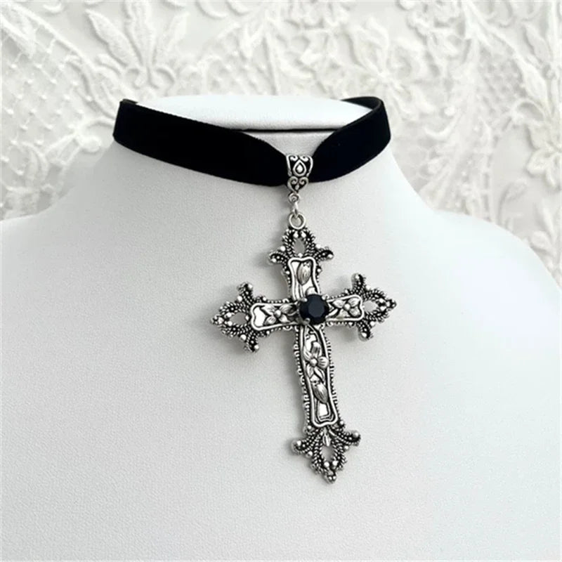 Goth Limited Black Velvet Cross Bead Choker Necklace Jewelry Gorgeous Women Punk Gift Statement New Gothic Halloween Grunge - Charlie Dolly