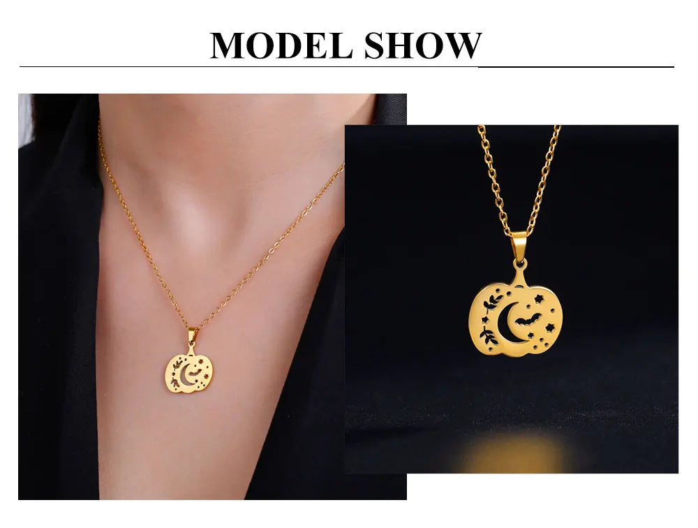 Cazador Halloween Pumpkin Bat Moon Necklace for Women Stainless Steel Pendant Chain Necklace Jewelry Party Gift 2024 Wholesale - Charlie Dolly