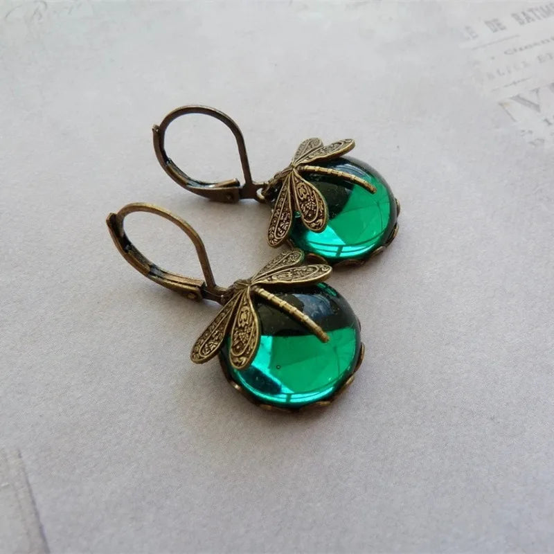 New Boho Vintage Crystal Dragonfly Earrings for Women Fashion Metal Carving Pattern Inlaid Moonstone Animal Earring Jewelry Gift