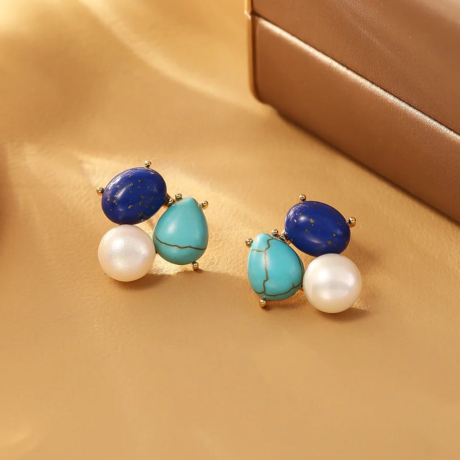 Natural Lapis Lazuli Geometric Pearl French Elegant Temperament High-end Silver Needle Earrings for Women Jewelry. - Charlie Dolly