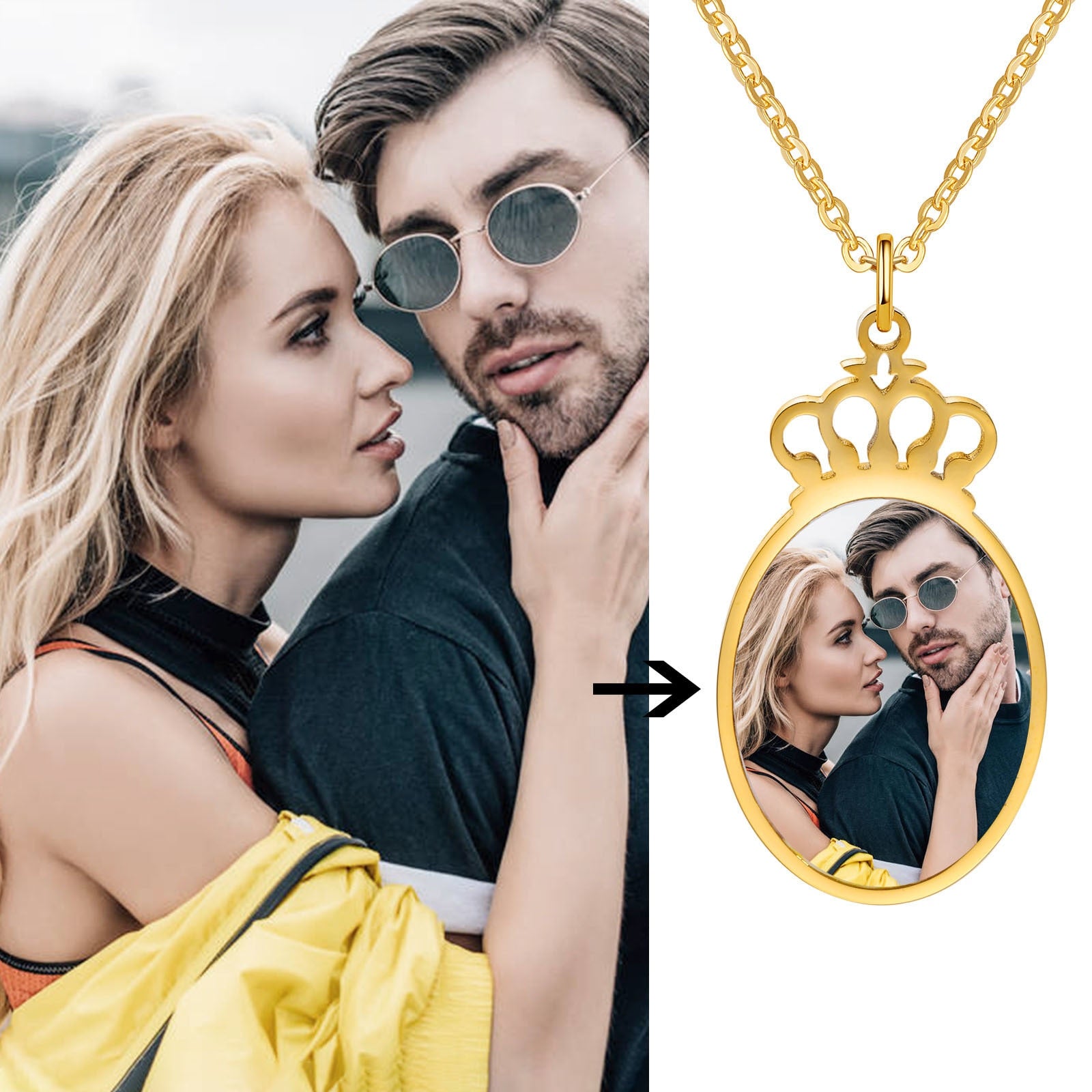 Vnox Free Personalize Photo Crown Necklaces for Women,Custom Picture Image Words Info, Stainless Steel Pendant Collar Gift - Charlie Dolly