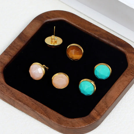 CSJA Gold Color Round Stud Earrings Natural Gem Precious Stone Green Black Obsidian Lapis Lazuli Amethysts Crystal Jewelry E597 - Charlie Dolly