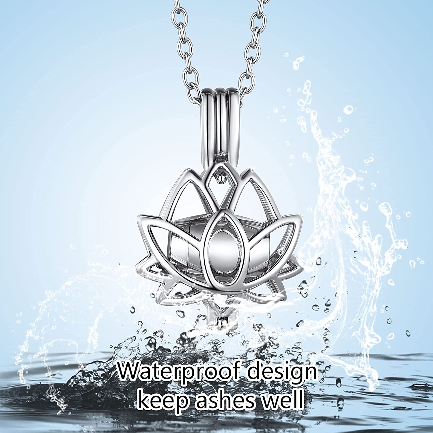 U7 Lotus Necklace Cremation Jewelry for Ashes of Love One 316L Stainless Steel Hollow Out Lotus Flower Urn Pendant 20" O-chain
