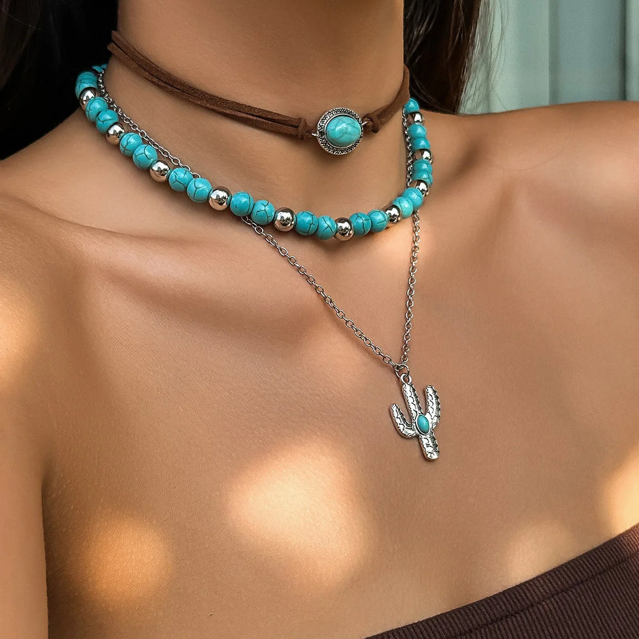 Cactus Pendant Turquoise Bead Layered Necklace Jewelry