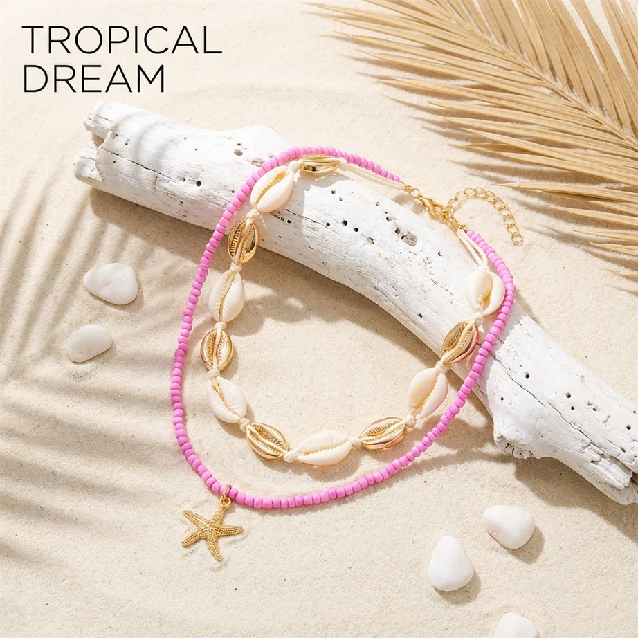 Gold Starfish Shell Rice Bead Choker Necklace Jewelry