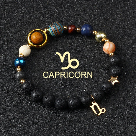 Eight Planets & Twelve Zodiac Beaded Bracelet, Natural Stone Cosmic Astrology Talisman