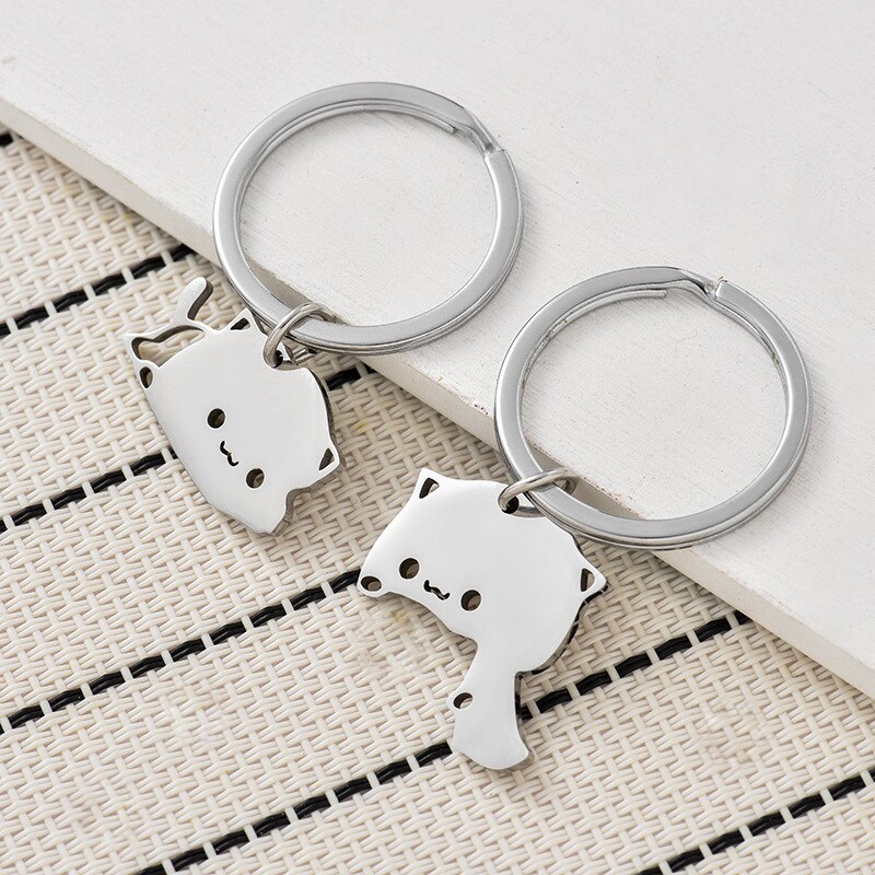 Cute Cat Keychain Stainless Steel Key ring Couple Lover Animal Matching Keyring Pendants Valentine&#39;s Day Gift - Charlie Dolly