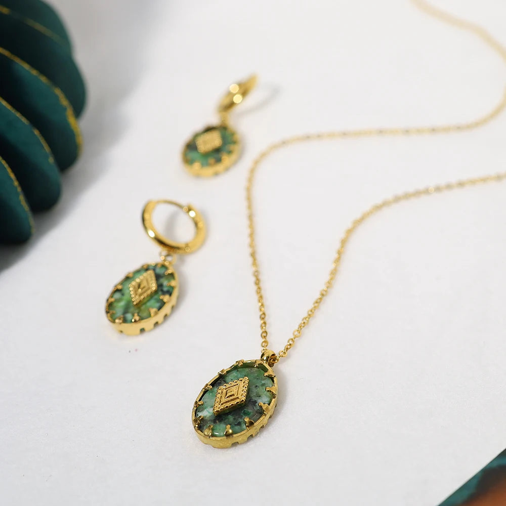 WILD & FREE Vintage Natural Stone Pendant Necklace for Women Luxury African Turquoise Drop Earrings Trendy Jewelry Set Gifts