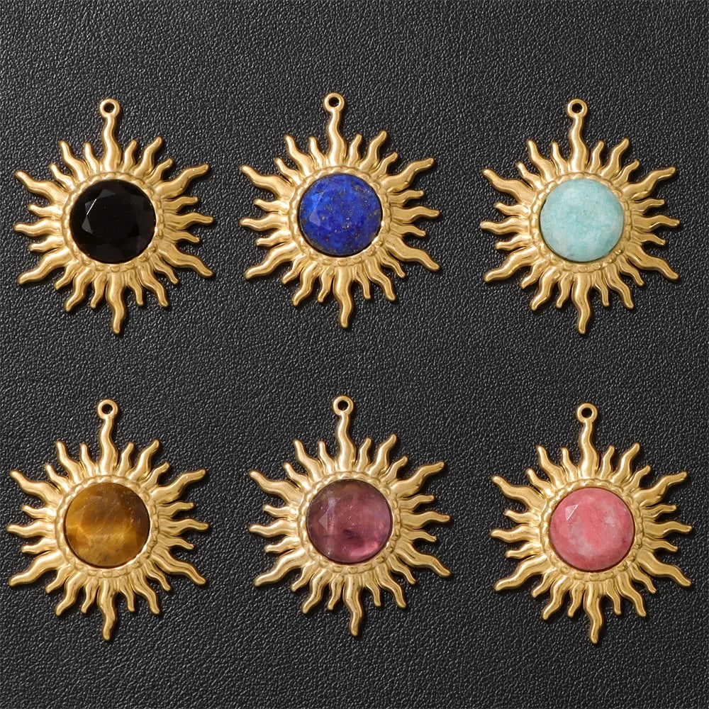 2pcs 25x30mm Gold Color Sun Shape Natural Stone Pendant Inlaid with Lapis Lazuli Gem Charm for Jewelry Making Necklace Earring