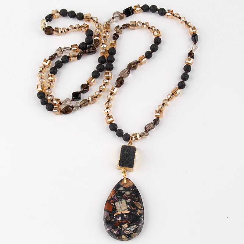 RH Fashion Bohemian Jewelry Natural Random Shape Stones With Druzy Links Semi Precious Pendant Necklaces For Women Boho Gift