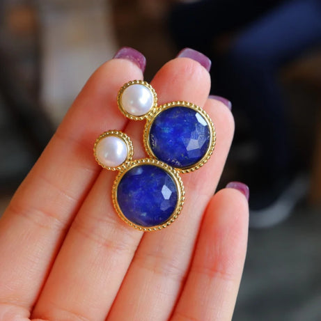 Vintage Style Exquisite Pearl Round Lapis Lazuli Earrings for Women Silver Inlaid Classic Blue Stud Earings Jewelry Gift - Charlie Dolly