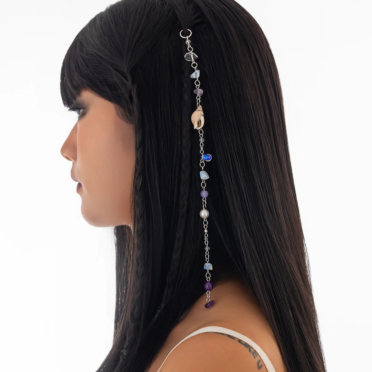 Boho Hair Chain Seashell & Drusy Fringe Hair Jewelry Natural Stone Braid Accent Beach Festival Hair Accessories