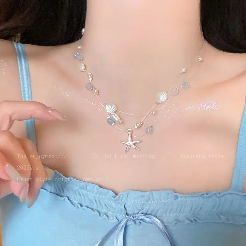 2025 Seaside Necklace Starfish Shell Pearl Layered Choker Adjustable Beach Jewelry Stackable Boho Accessory Summer Vacation Gift