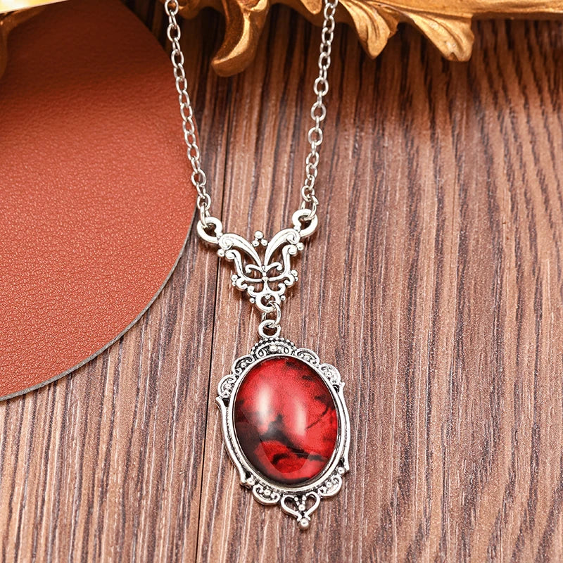 Gothic Blood Red Quartz Charm Necklace Oval Pendant Necklace For Women Halloween Vampire Embossed Witch Jewelry Vintage Chokers - Charlie Dolly