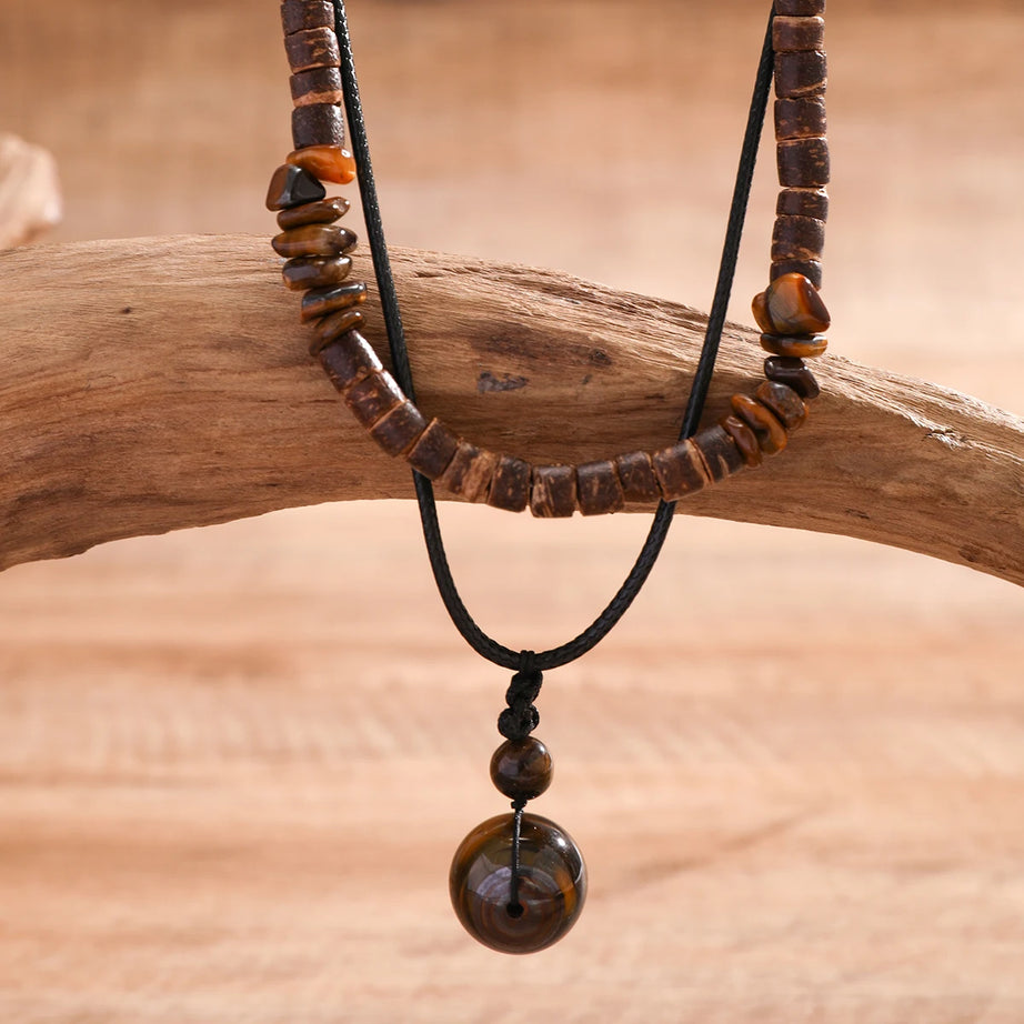 Vintage Coconut Shell and Gravel Bead Boho Necklace for Men