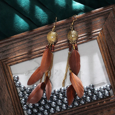 Feather Crystal Flower Bead Long Earrings Jewelry