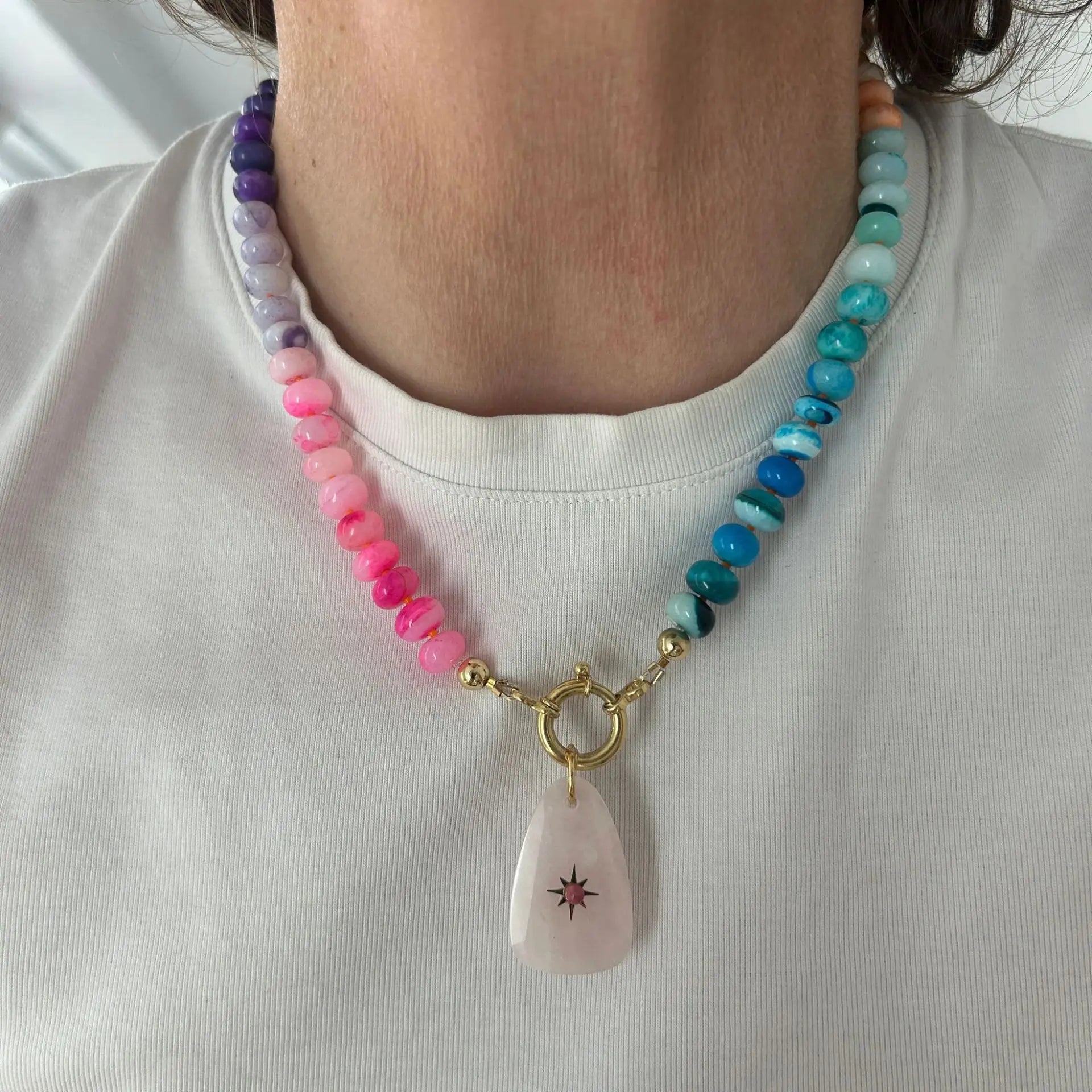 Women Chunky Gemstone Rainbow Boho Bead Choker Natural Stone Surfer Beach Necklaces 14K Gold Plated Summer Handmade Jewelry