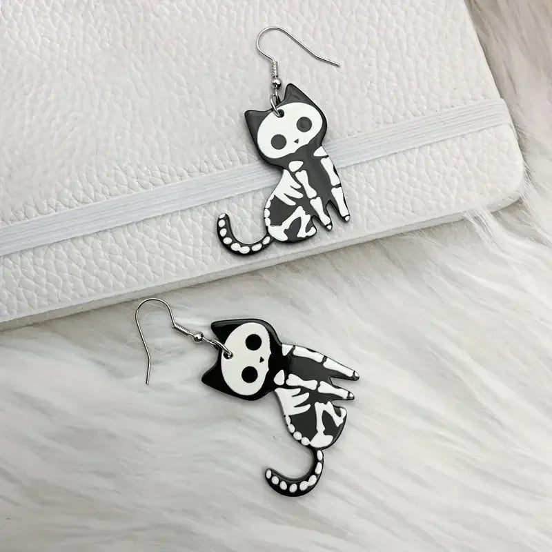 1pair Halloween Skeleton Cat Design Dangle Earrings Cartoon Cute Style Acrylic Jewelry Ghost Festival Earrings - Charlie Dolly