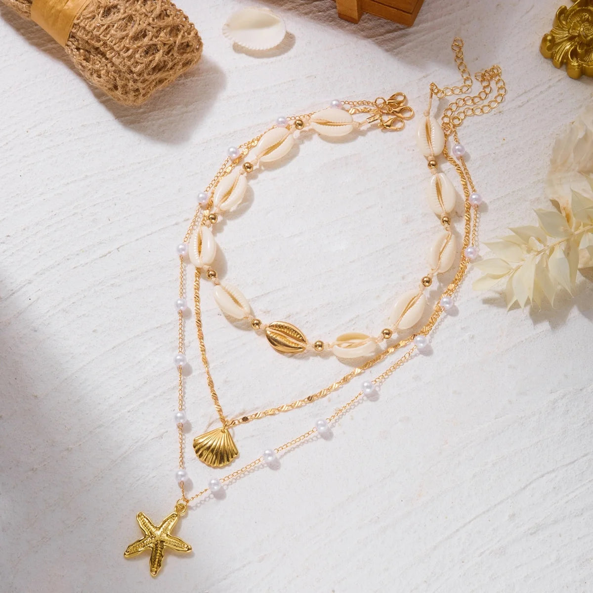 Multilayer Imitation Pearl Rice Bead Starfish Resin Turtle Shell Necklace For Women Men Ocean Beach Fishtail Choker Boho Jewelry