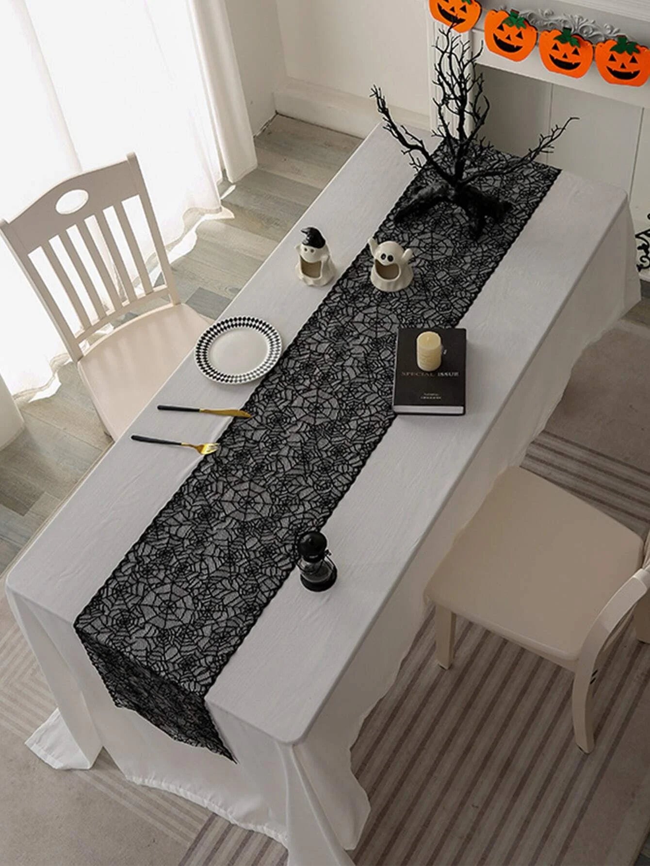 Halloween Placemat Black Lace Table Runner Cobweb Tablecloth Gothic Tabletop Decor Home Party Decorations Kitchen Dining Decor