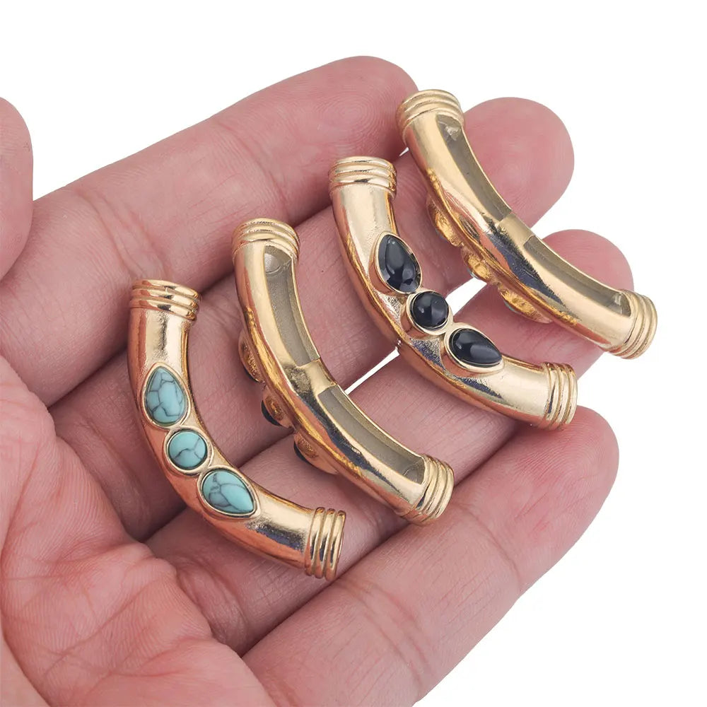2pcs Stainless Steel Natural Stone Boho Plated Gold Tube Beads Charms Pendant DIY Bracelet Necklace Jewelry Making Metal