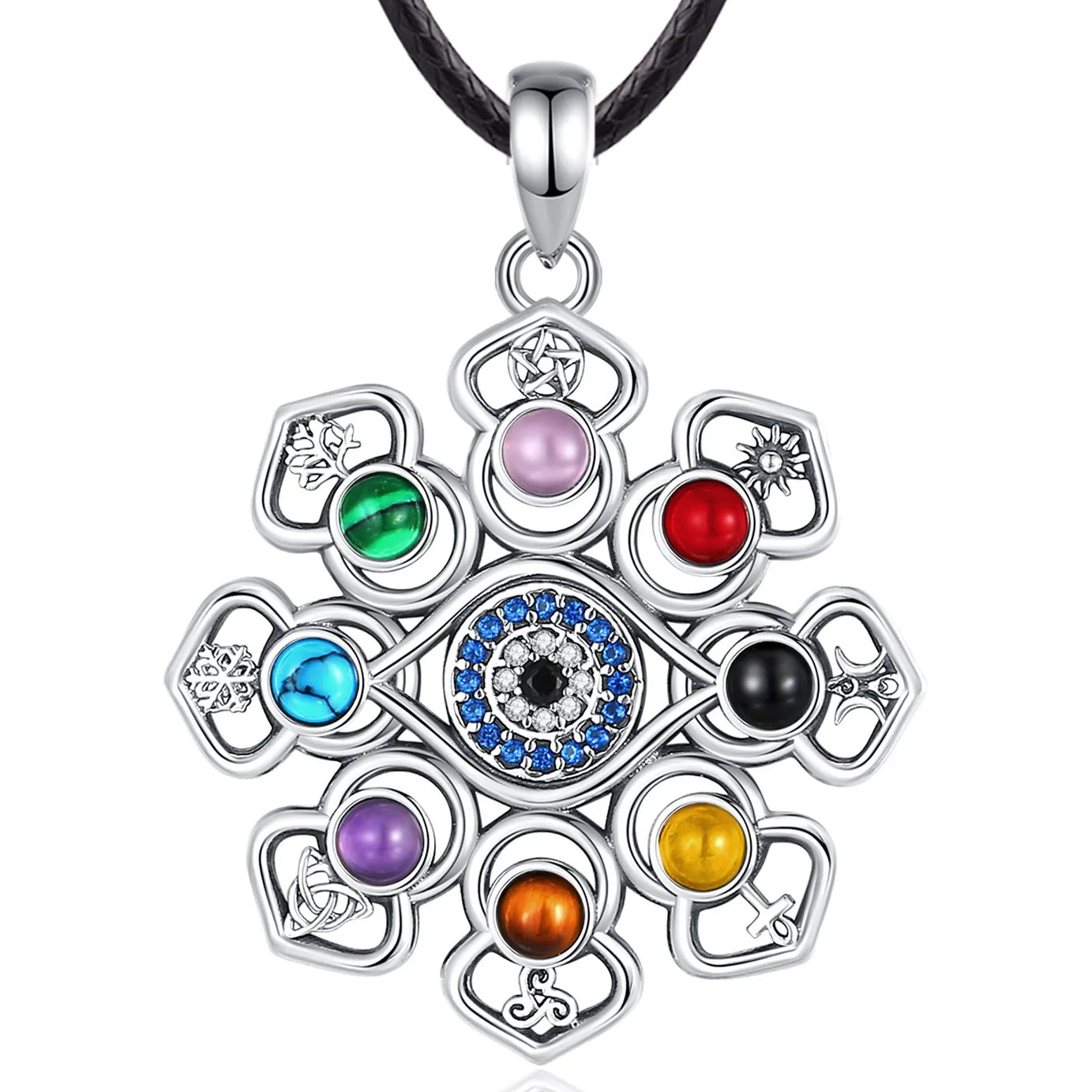 S925 Silver Lotus, Evil Eye & Pentagram Pendant, Sacred Protection Amulet