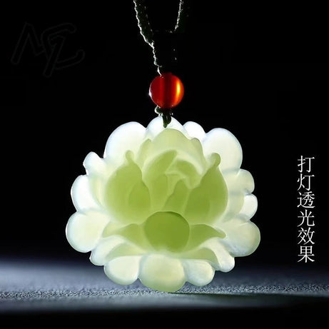 Natural Hotan Jade Lotus Flower Pendant, Boho Sacred Amulet Necklace